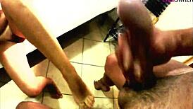 Ball Busting Session with Cum on Feet in Intense Femdom Bondage Play