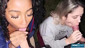 Scarlet Taylor and busty ebony Juliana share dicks in amateur group casting interview