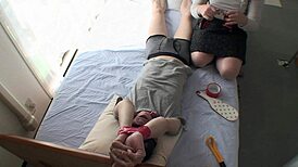 Japanese girl ties up her boyfriend and rides him rough for pleasure.