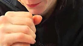 Skinny Amateur Wife Enjoys a Smoke While Giving a Sloppy Blowjob with Cum in Mouth