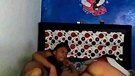 My stepsister lies on my bed showing panties revealing her tempting ass