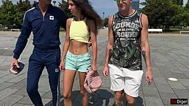 In a public threesome, the cuckold loser watches his skinny wife get fucked and humiliated by amateurs, ending with cum filling her