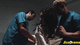 brunette with small tits in threesome gets anal dp and facial