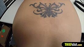 watch this cute shoplifter bent over, getting rough doggystyle on the table.