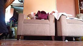 Shemale struts in black high heels, teasing with every bold step