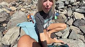 Risky Public Beach Fun with Blonde Teen