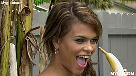 Pussy goes bananas in missionary with brunette shaved pussy blowjob deepthroat facial riding