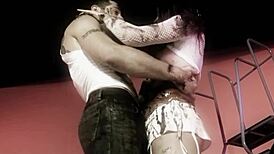 Naughty brunette and her man intensely play with dark oil and fuck doggy style.