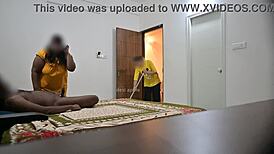 maid gives blowjob and deepthroat while cleaning room