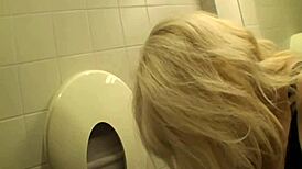 blonde mature’s wild blowjob in a public mall restroom
