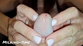 pretty pink nails make him cum four times during milking?