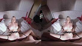 Blonde bombshell gives blowjob in dark room vr