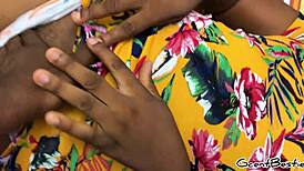 Thick black babe gets her pussy massaged by big black cock at home