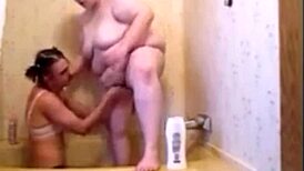 sissy fucks wife in shower, deepthroat then anal creampie