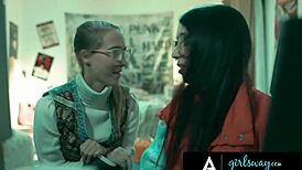 Girlsway - Futuristic milf takes nerdy vintage girl's virginity in rough hairy threesome