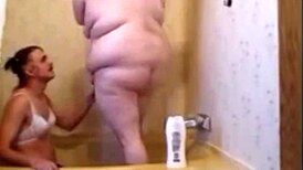 sissy fucks wife in shower, deepthroat then anal creampie