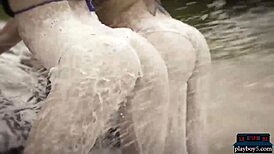 playboy babes in hot bikinis washing a mercedes amg gt outdoors