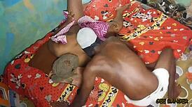 Ebony amateur queen with small waist and big tits bent over by muscular bodybuilder