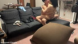 Emu yumi rides her boyfriend hard during daytime sex in their shared apartment.