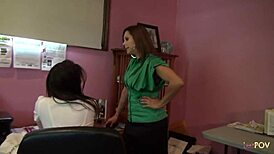 lesbian milf disciplines brunette secretary with scissor and ass licking