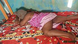 Ebony amateur queen with small waist and big tits bent over by muscular bodybuilder