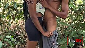 couple starts with blowjob in tropical rain forest. then doggystyle on bent over ass outdoors.