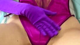 Purple satin thong contrasts with intense Colombian lingerie fuck play.
