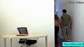 busty redhead teen masseuse quinn wilde prepares seth gamble for wet nuru massage.