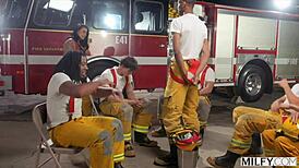 milfy eva angelina handles 6 cocks in an epic gangbang scene.