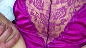 Purple satin thong contrasts with intense Colombian lingerie fuck play.