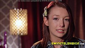 Conservative couple at the swing mansion party, having fun.