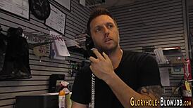 redheaded whore sucks big cock in gloryhole creampie