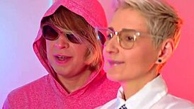 Two girlfriends dominate their slave guys with strapon and handjob fun.