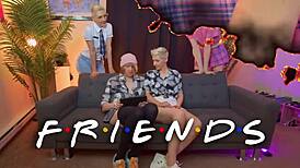 Two girlfriends dominate their slave guys with strapon and handjob fun.