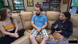 Dr. Tampa does relaxed gynecology exam on petite Mira Monroe in Florida. Backstage POV with blonde in glasses.