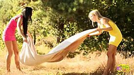 Blonde and brunette babes passionately fuck outdoors with dildos and toys