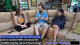 Dr. Tampa does relaxed gynecology exam on petite Mira Monroe in Florida. Backstage POV with blonde in glasses.