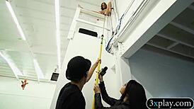 Blindfolded guy bangs twat using a dildo