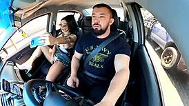 Curvy milf flashes no panties in Uber, driver can't resist