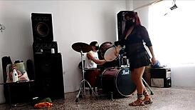 Neighbors Play Drums As She Strips And Shakes Her Huge Ass