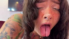 Sloppy blowjob and cumshot with split tongue croatian girl