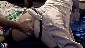 2069 - close up - french amateur satin black panties black corset brown light satin jacket rubbing panties doggystyle deepthroat rimming sex toys