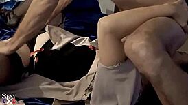 2069 - close up - french amateur satin black panties black corset brown light satin jacket rubbing panties doggystyle deepthroat rimming sex toys