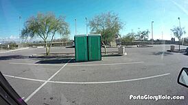 Chubby Slut Swallowing Cum at Porta Gloryhole in Public