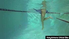 milf vicky vette and teal conrad lick each other's pussies by the pool, tits bouncing