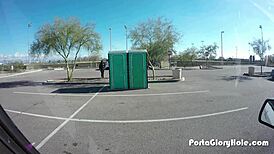 Chubby Slut Swallowing Cum at Porta Gloryhole in Public