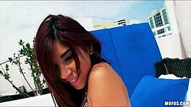 Does this sun bathing beauty really slide her bikini bottoms aside for a public pov fuck?