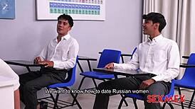 Russian teacher Emily Thorne feels intense pleasure in threesome blowjob.