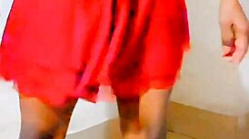 Shemale sissy pisses on her own body in humiliation