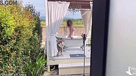 Asian student slut takes a bold bath in rice field, getting doggystyle creampie